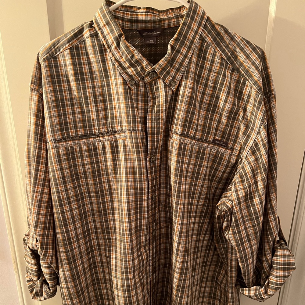 Green and orange long sleeve check with arm straps to roll up sleeves